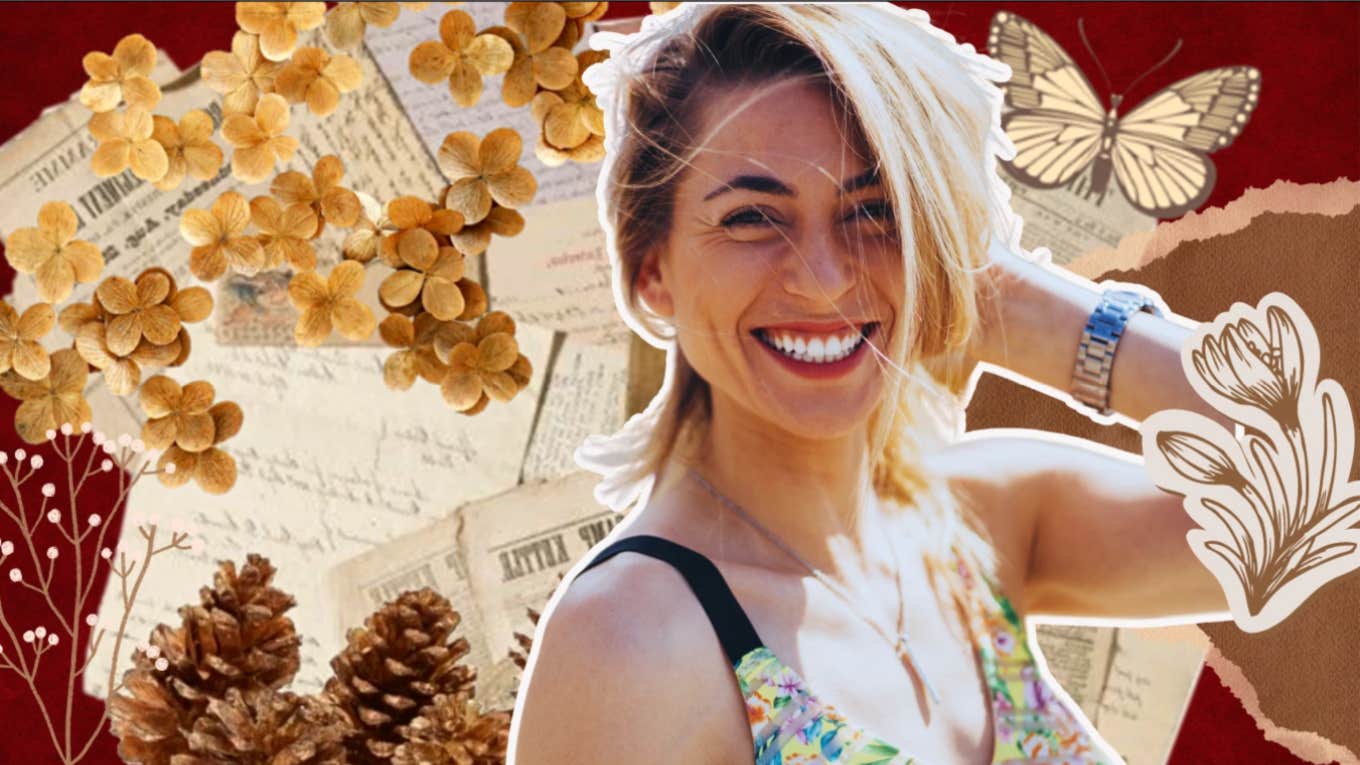 Can you be happily unmarried and single for life? Blonde woman, happy about being single, in front of pressed flowers and old paper clippings