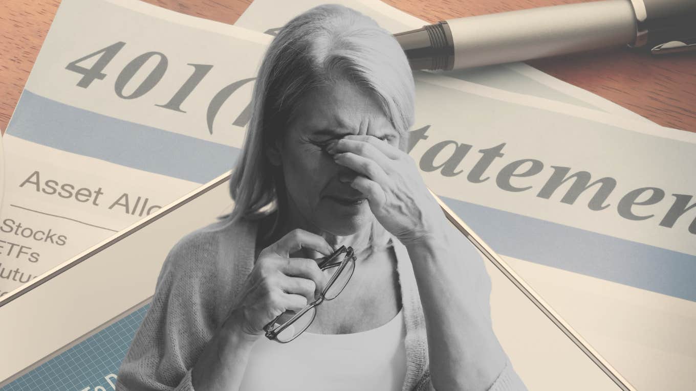 Single Mom Explains Why She Has No Money Saved For Retirement Single mother looking upset in front of retirement papers.