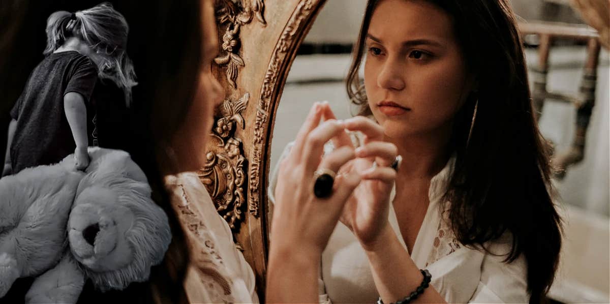 Image of woman looking at the mirror, background image of a sad little girl superimposed