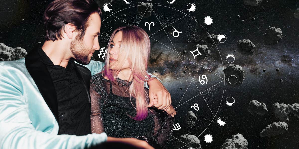 couple looking at each other and zodiac wheel