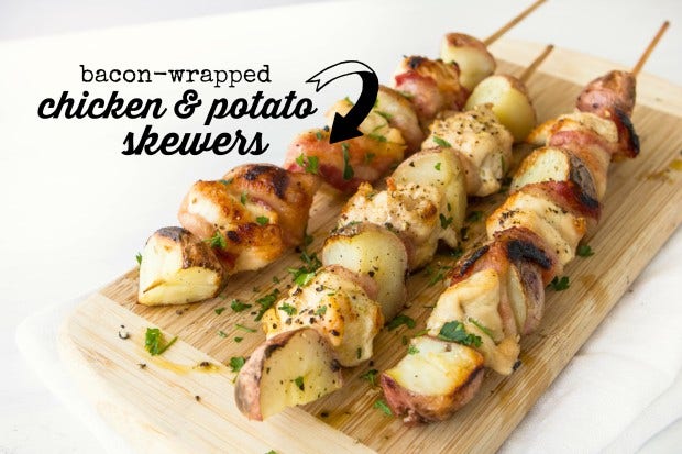 Bacon-Wrapped Chicken And Potato Skewers