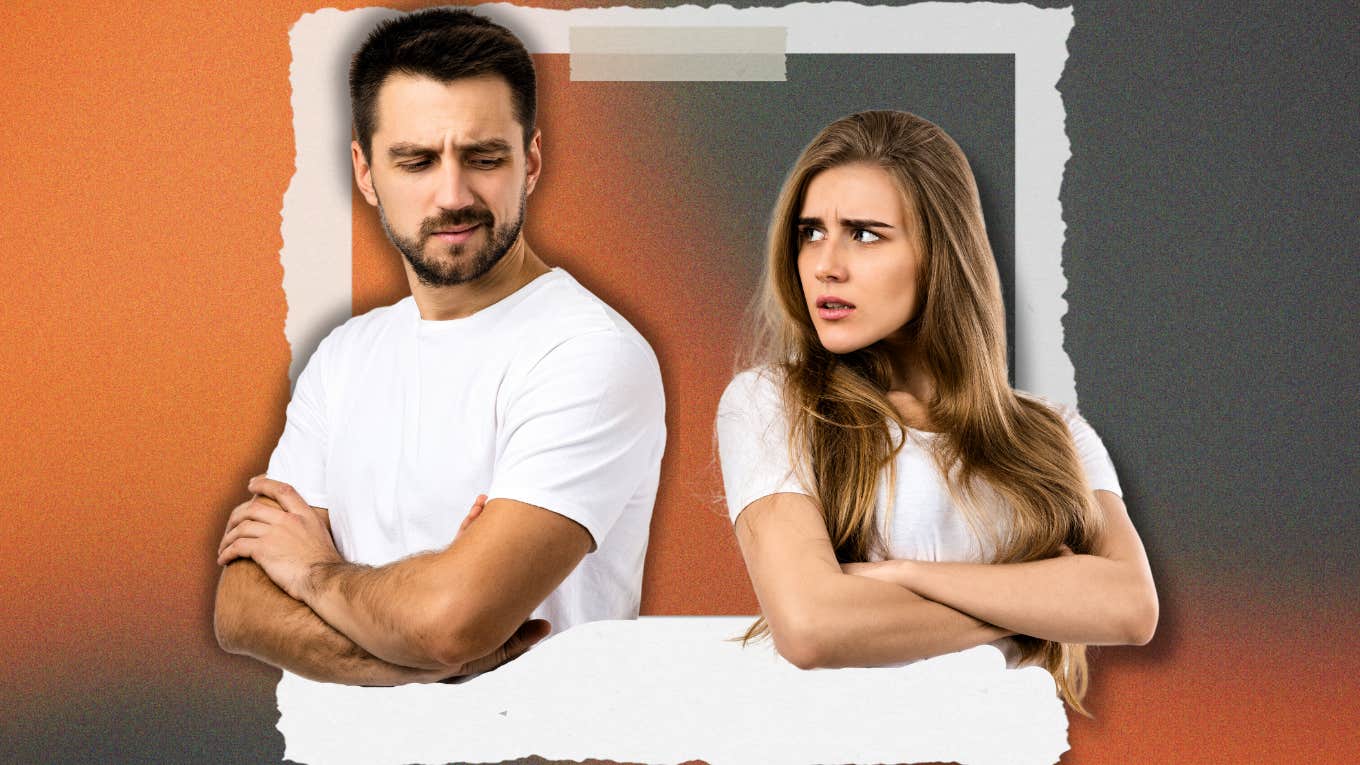 Unhappy couple with arms crossed glaring at each other