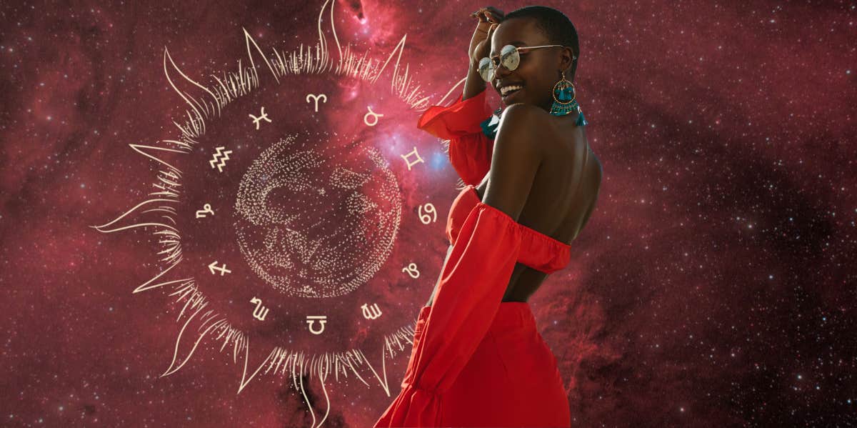 Solar Return Meaning In Astrology woman in red dress sun zodiac wheel