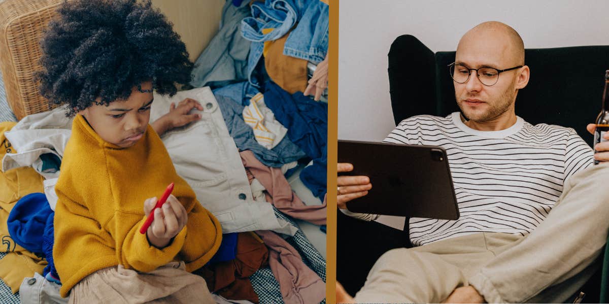 Dad Makes 12-Year-Old Do Laundry, Cook Meals & Care For Younger Brother While Mom Is Away — Asks If He's Being 'Cruel' Son doing chores, dad relaxing