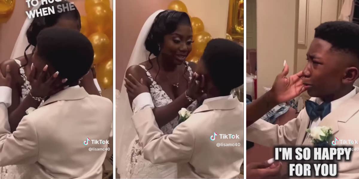 boy and his mom embracing on her wedding day