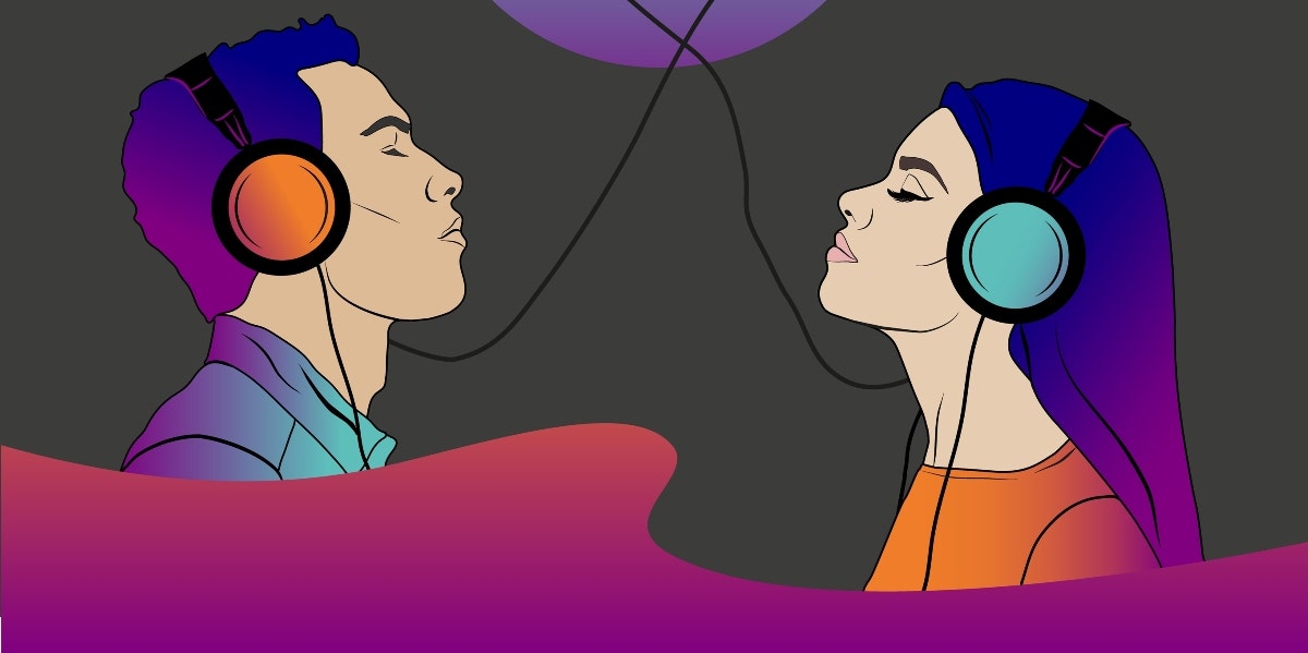 illustration of couple wearing headphones