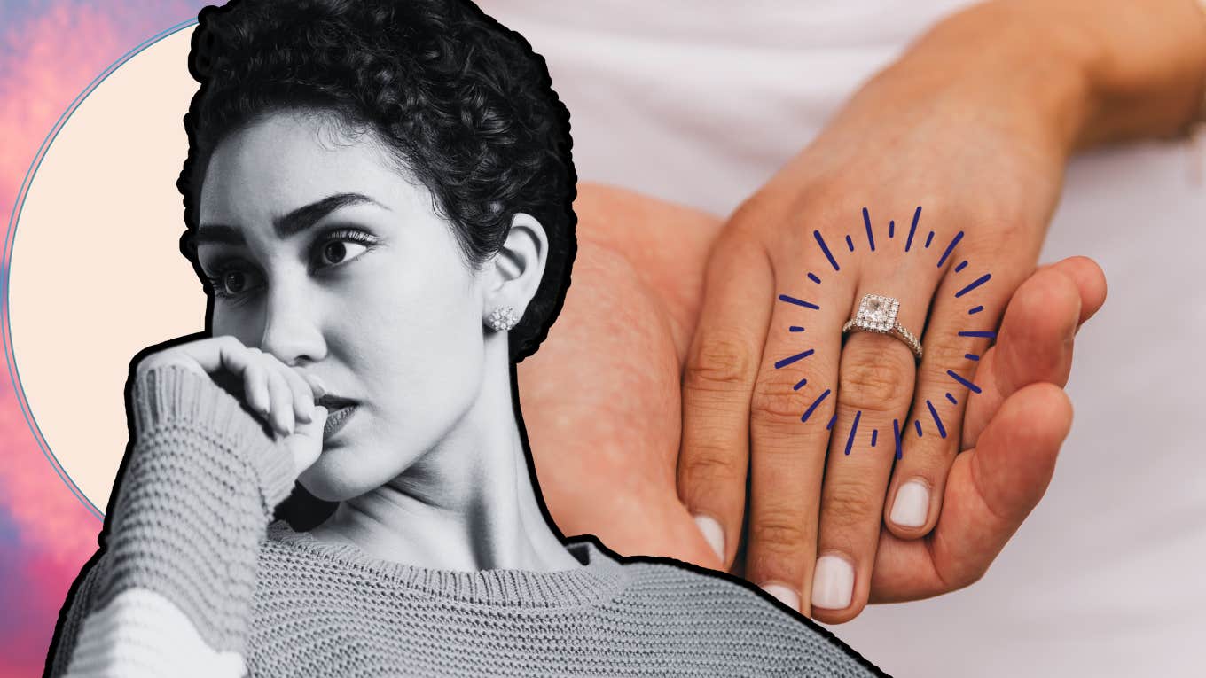 Contemplative woman, collaged next to a hand with an engagement ring on it