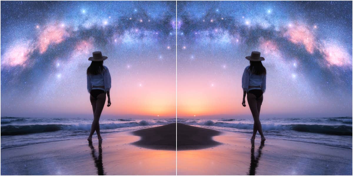 doubled image of a woman walking on a beach under a colorful galaxy sky