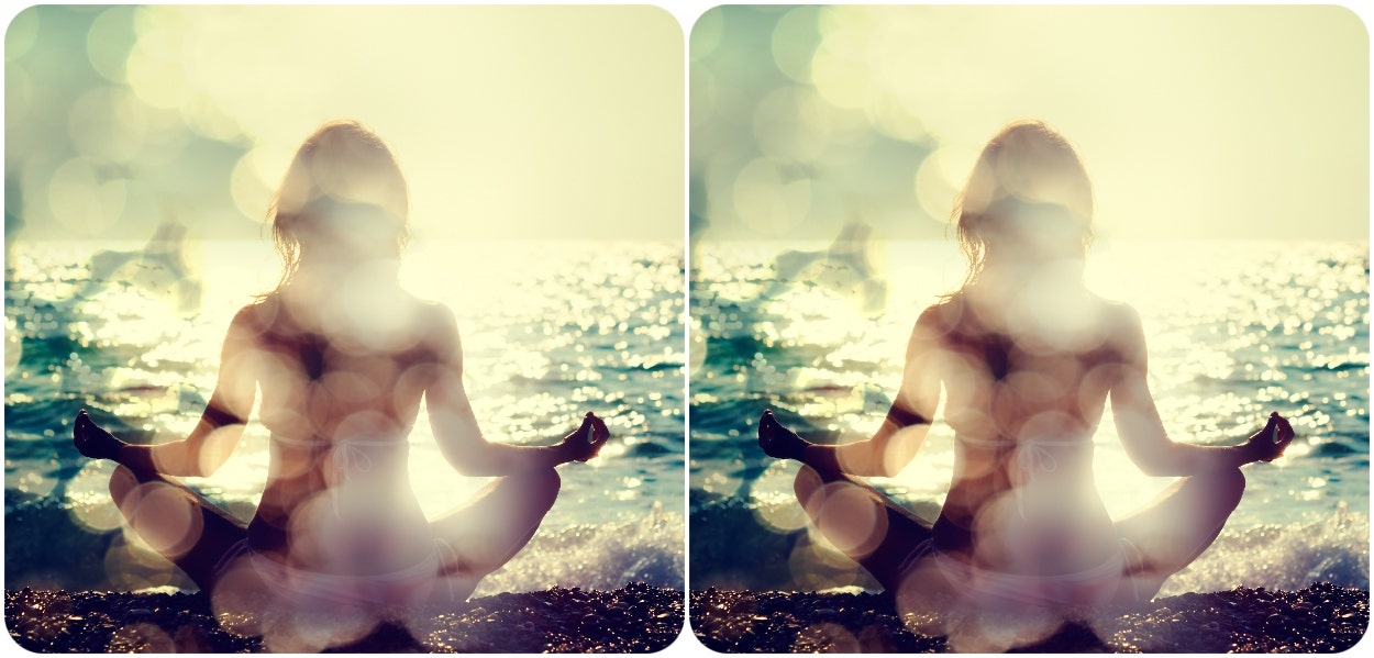 woman meditating by water