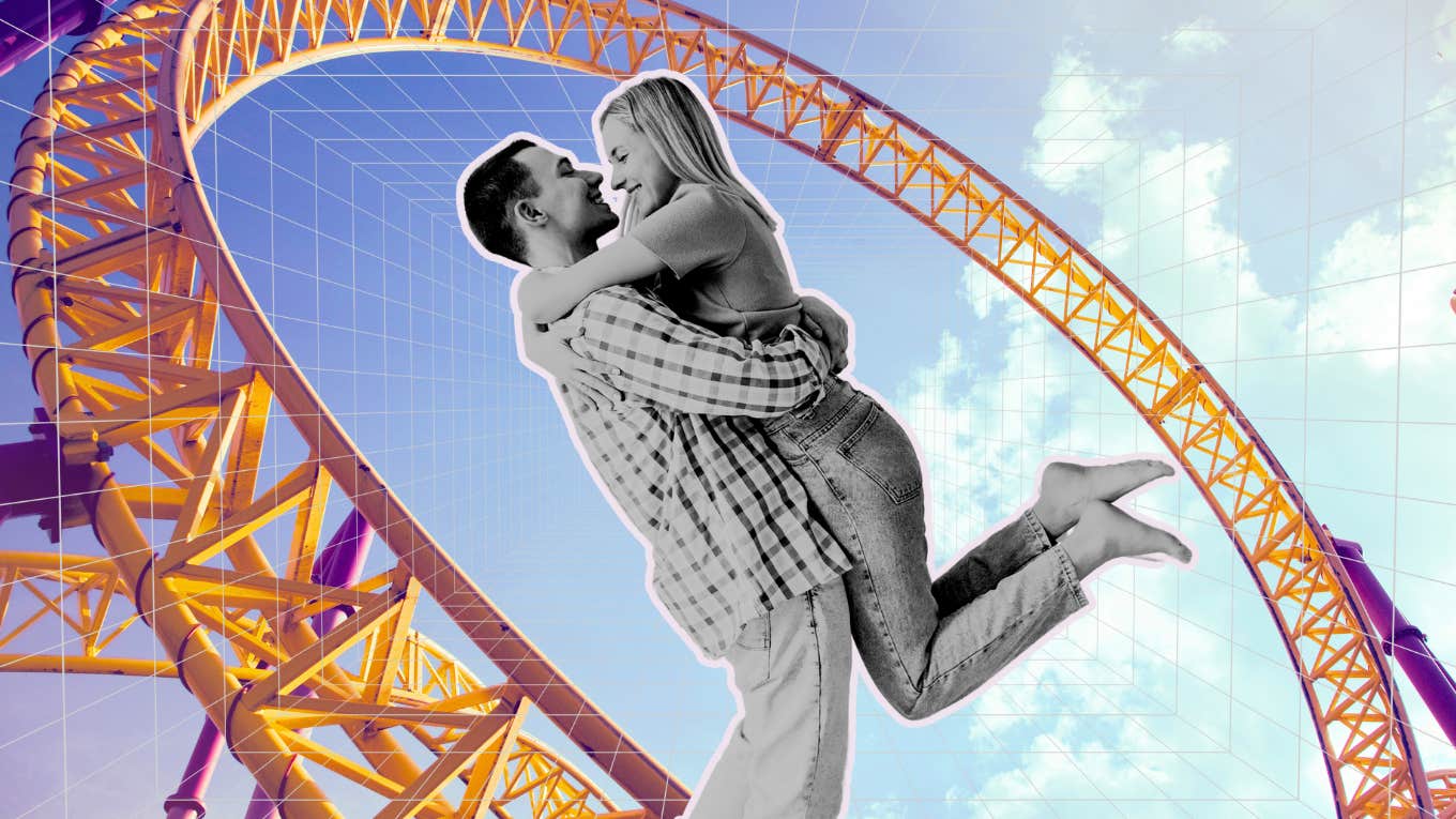 Couple in healthy relationship, rollercoaster in back 