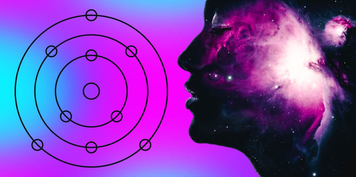 face profile with galaxy in it and planets on axis