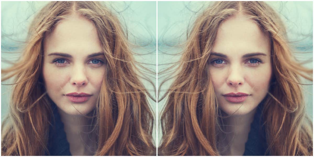 doubled image of a strawberry blonde outdoors