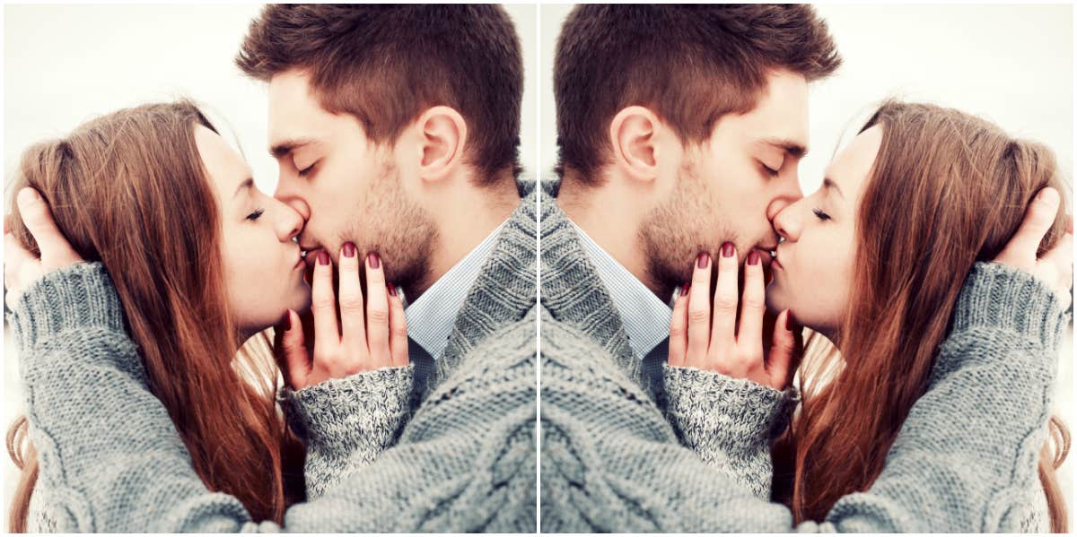 doubled image of a couple in love, kissing