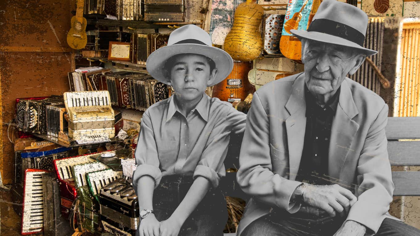 Generational photo, father and son on bench in front of antiques