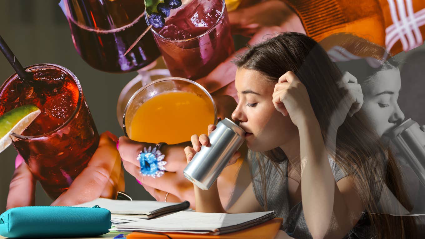 Young girl drinking in her bedroom