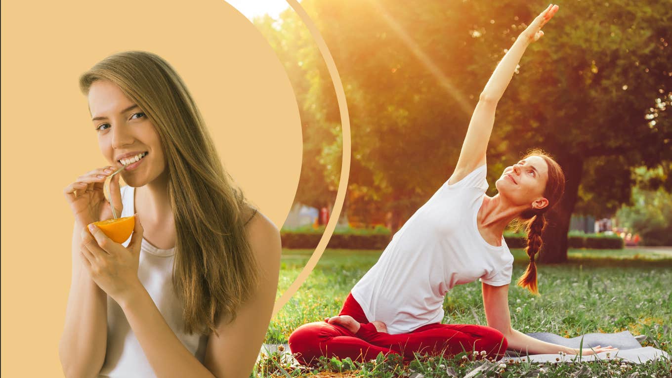 Woman practicing yoga and drinking orange juice 