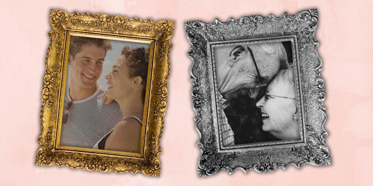 framed photos side by side of a couple through the years