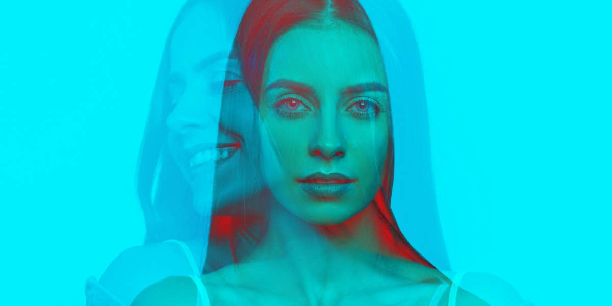 11 Struggles Only Women Who Are Just Divorced Understand double overlay image of a woman on a blue background, one face laughing, one serious