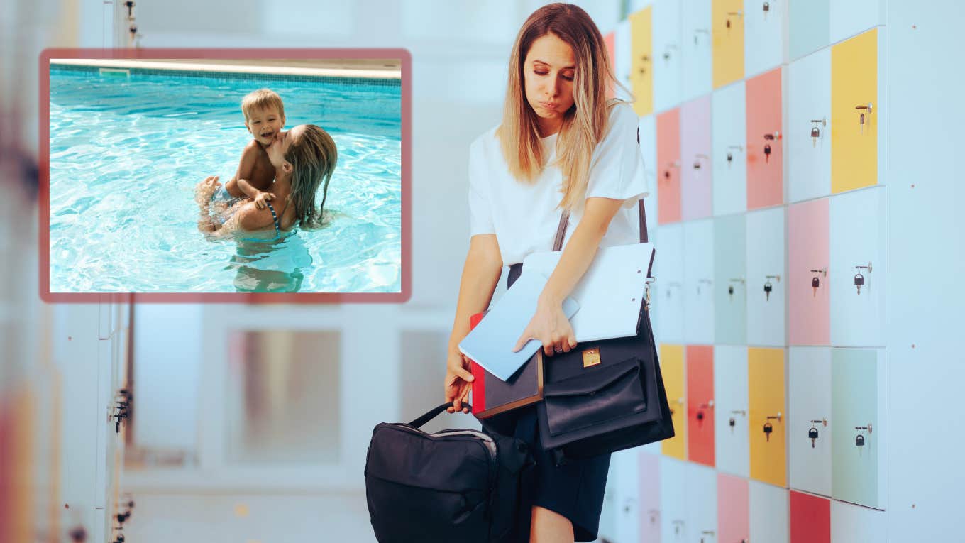 teacher struggling with her bags and at pool with toddler