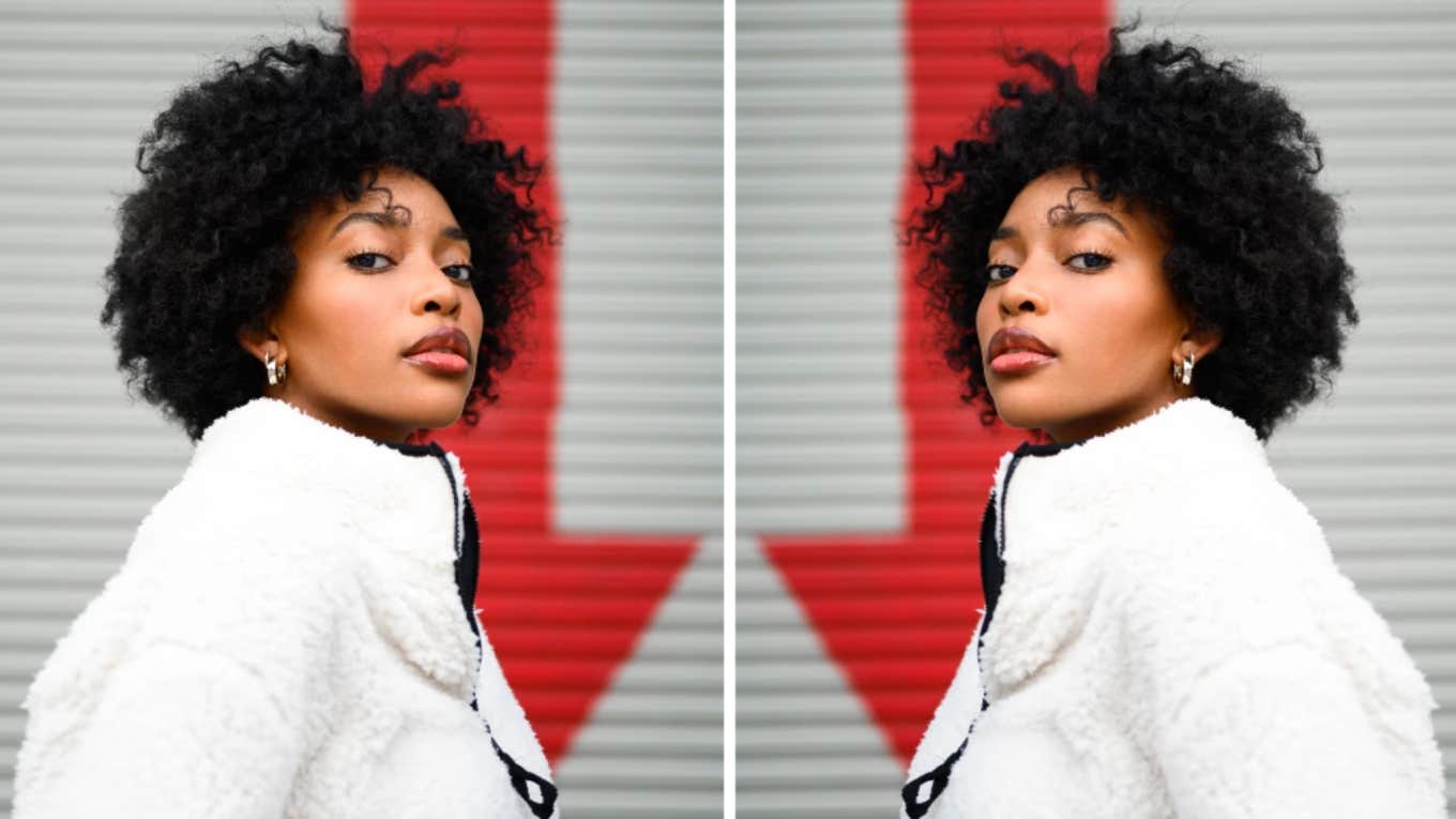 Doubled image of a Black woman with a white jacket, in front of a red arrow 