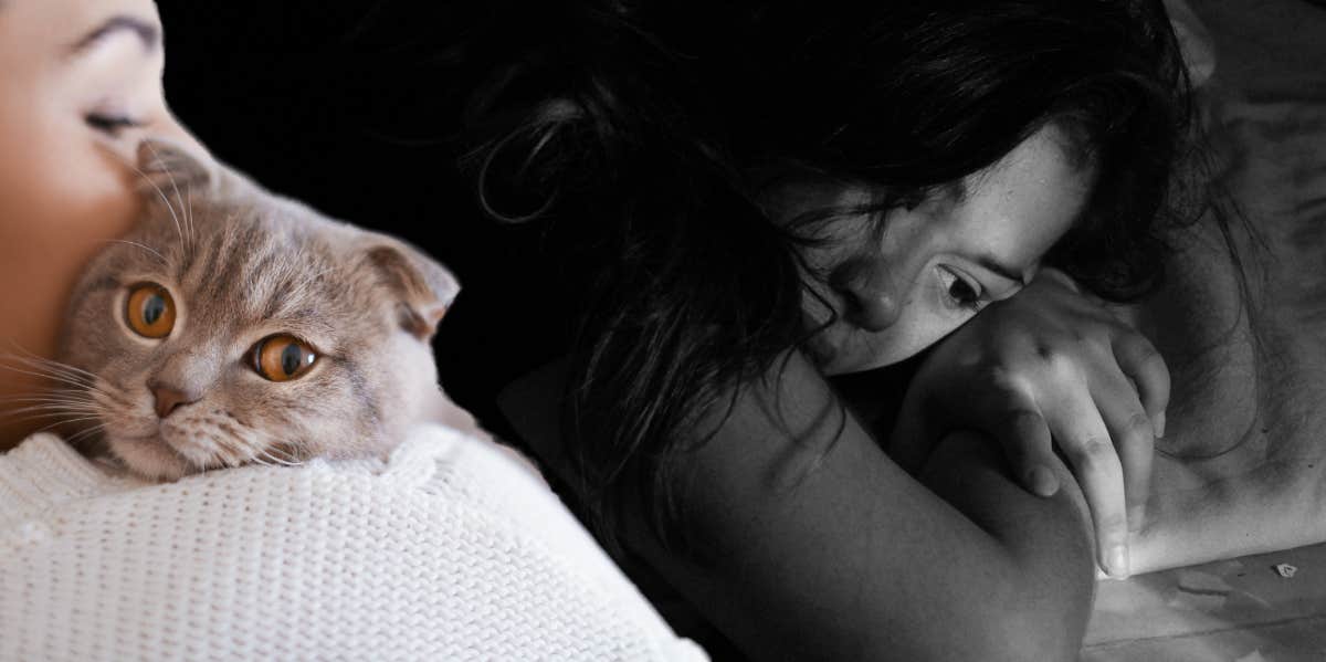 Parents Force Daughter To Go To Summer School After Her Cat Passes Away woman holding cat and sad woman laying down