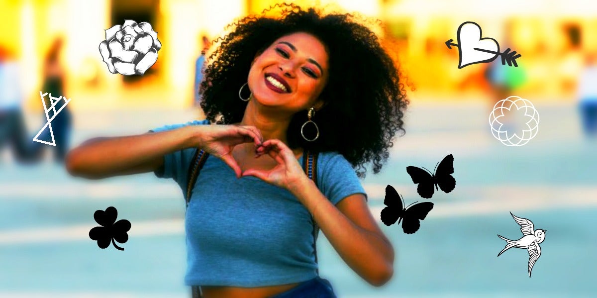 woman making heart hands surrounded by symbols of love