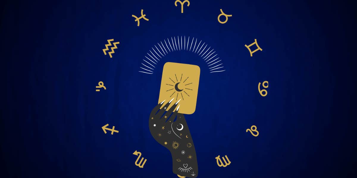Every Zodiac Sign's Tarot Horoscope For September 4, 2023 blue background with zodiac wheel and hand holding gold tarot card