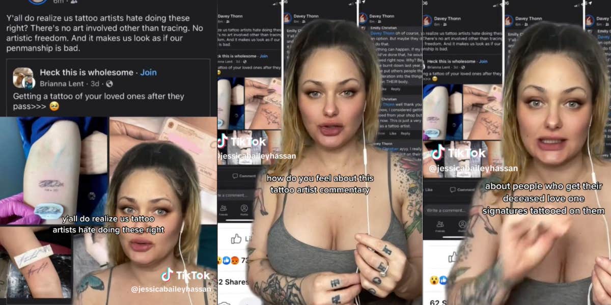 Tattoo Artist Says They Hate Doing Tattoos Of The Signature Of Loved Ones Who Have Passed Away 'It Makes It Look Like We Have Bad Penmanship' tattoo artist tiktok