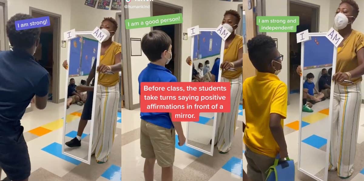 Neffiteria Acker, students saying affirmations in mirror before class