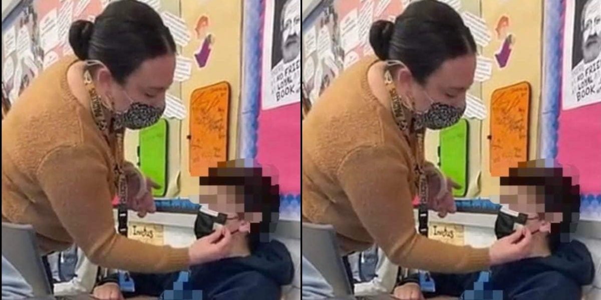 Viral Photo Of Teacher Taping Mask To Student's Face Outrages Parents teacher taping mask to male students mouth