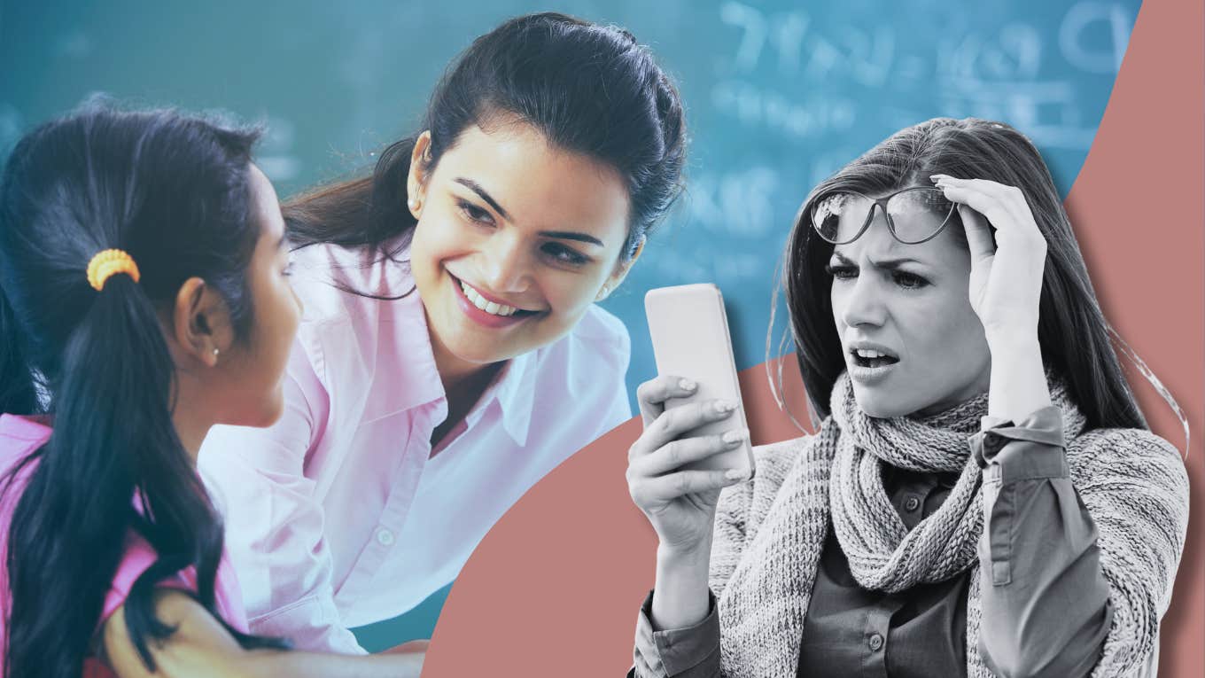 teacher smiling at student and confused woman looking at phone