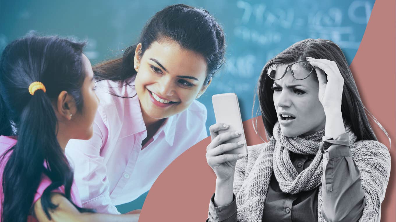 Teacher Texts A Parent Out Of The Blue Saying She Wants To Take Her Child Home To Raise Her teacher smiling at student and confused woman looking at phone