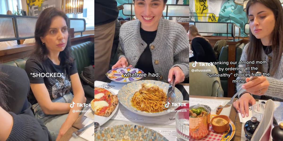 Three screenshots from Tik Tok showing two young women and their mother at a restaurant, with the young women laughing happily as they eat, and the mother looking on in shock.