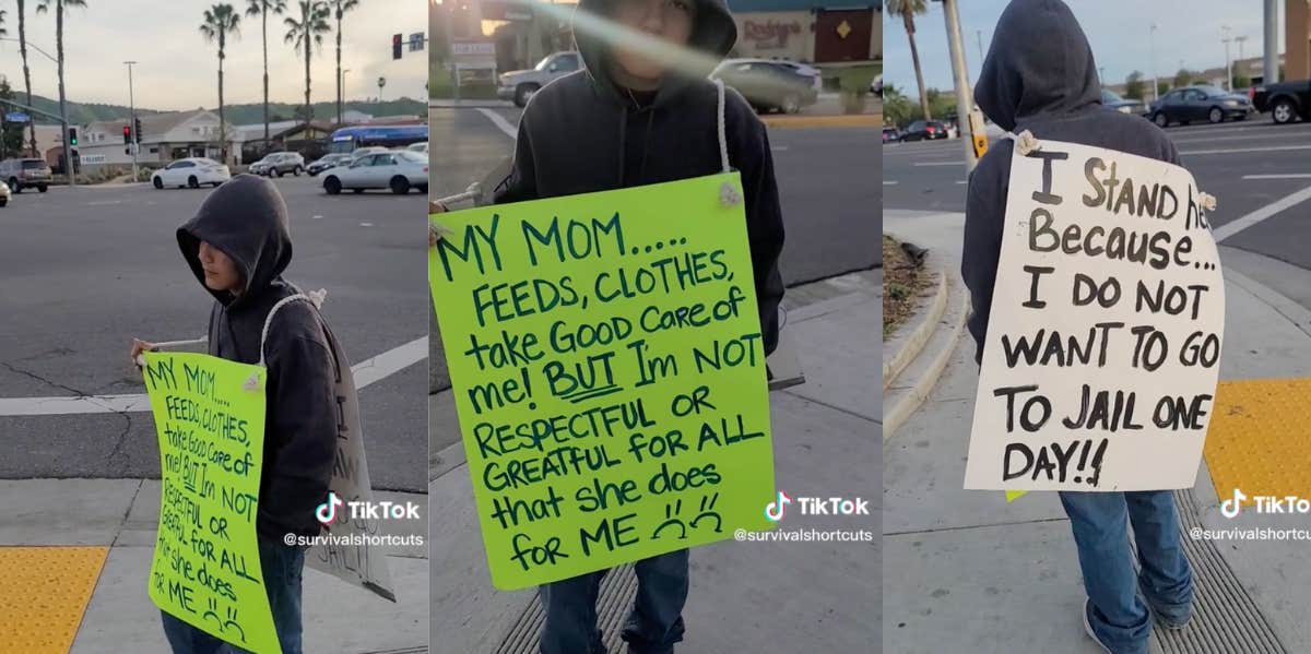 teen wears a sign on the street as punishment