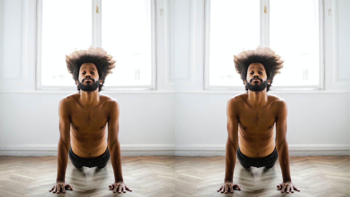 Man in yoga pose re-centering himself 
