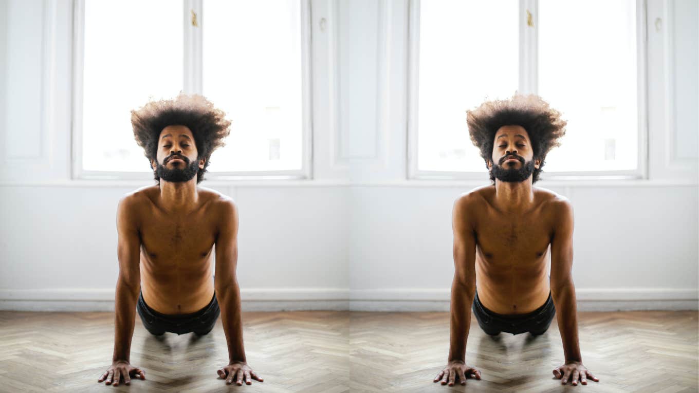 10 Tiny Phrases To Repeat When Life Gets Insanely Crazy Man in yoga pose re-centering himself