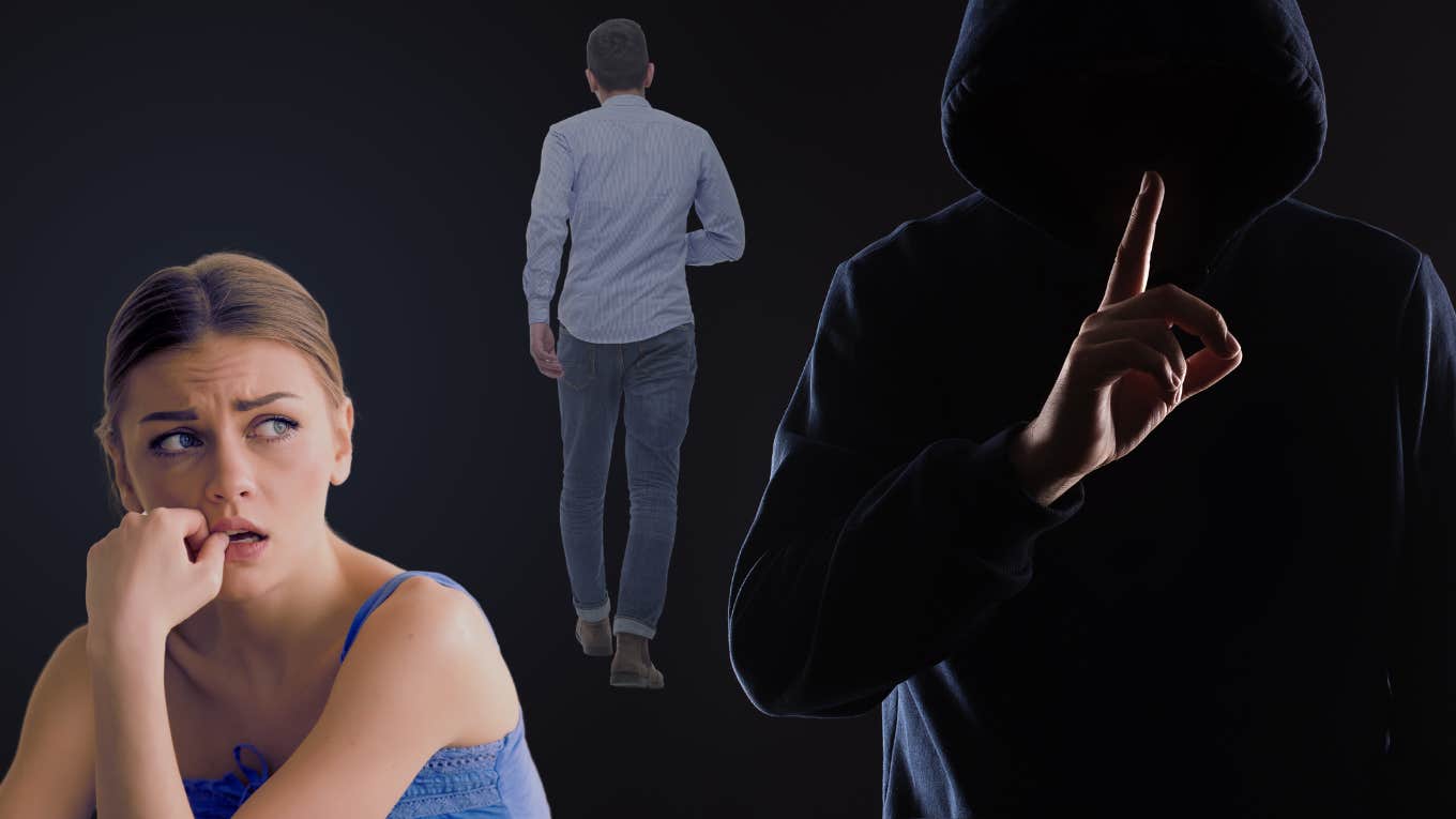 heartbroken woman, man walking away, figure silencing her