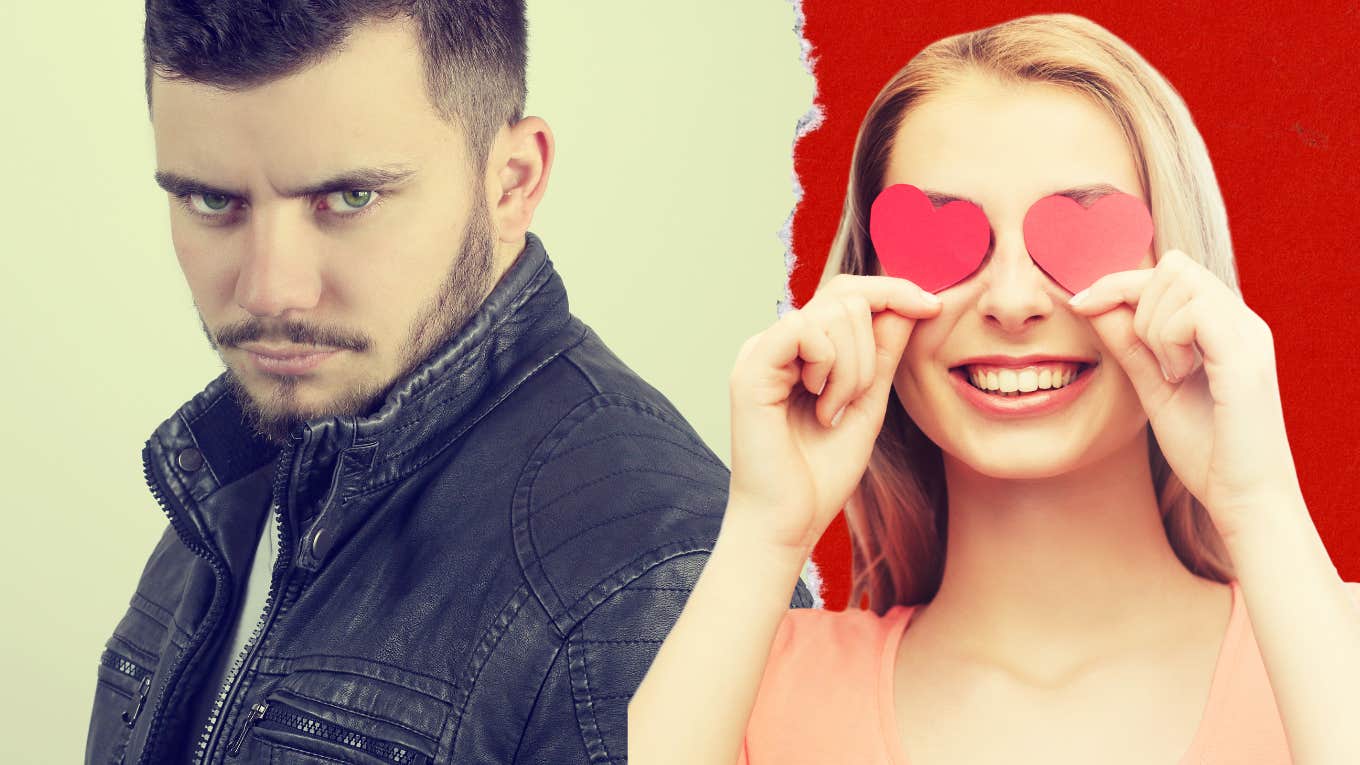 Woman with heart eyes for tough looking guy 