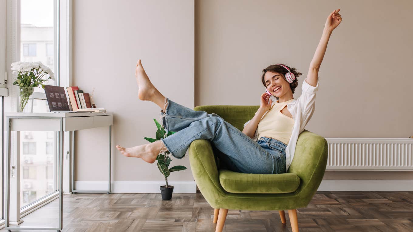 happy woman listening to old music