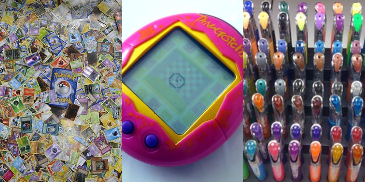 Pokemon cards, tamagatchi and gel pens