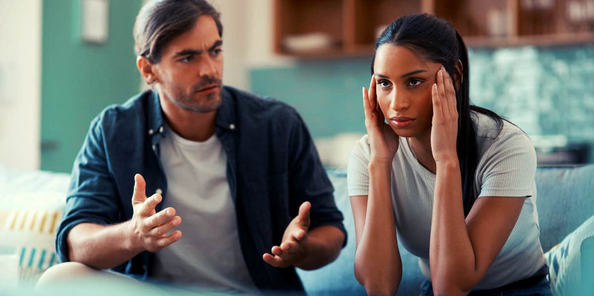 husband talking to his irritated wife