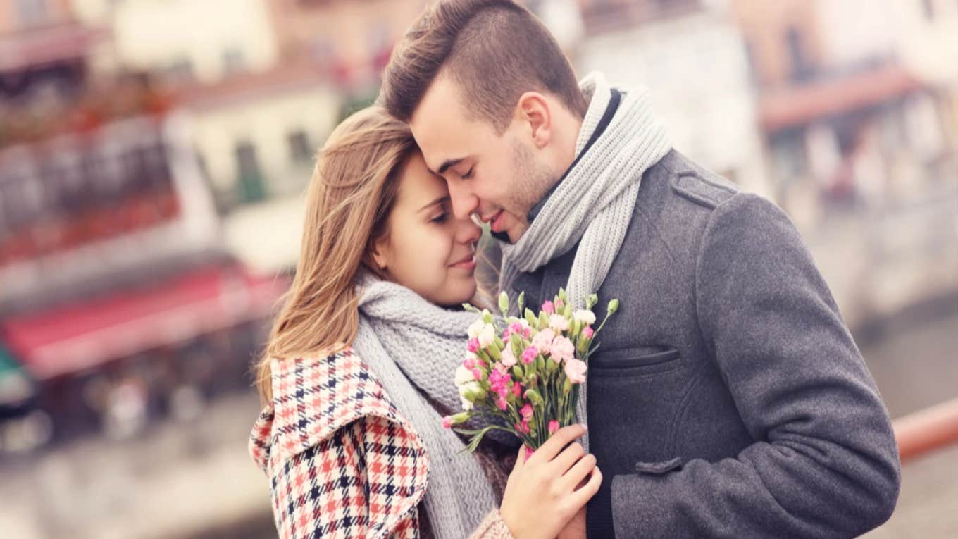 happy couple with flowers