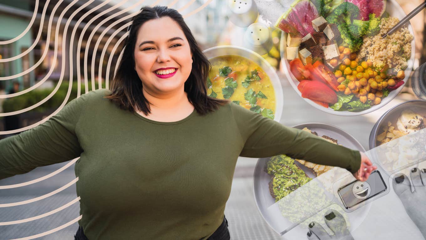 Happy plus size woman, with a wonderful relationship with food