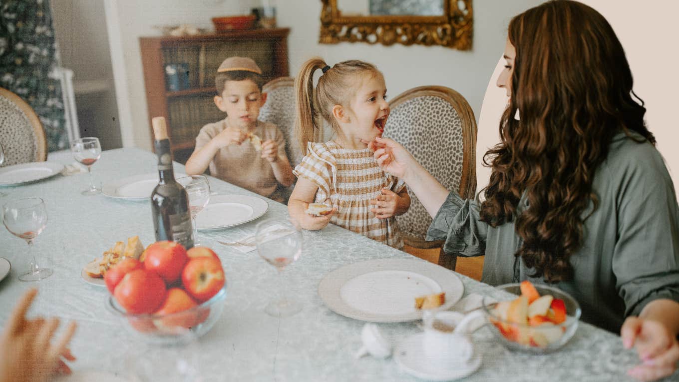 16 Things Truly Happy Moms Never, Ever Do Mother feeding her children lunch while playing and taking all their little cut quirks in
