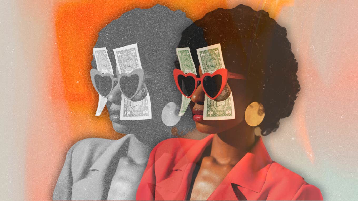 Woman with money in heart shaped glasses