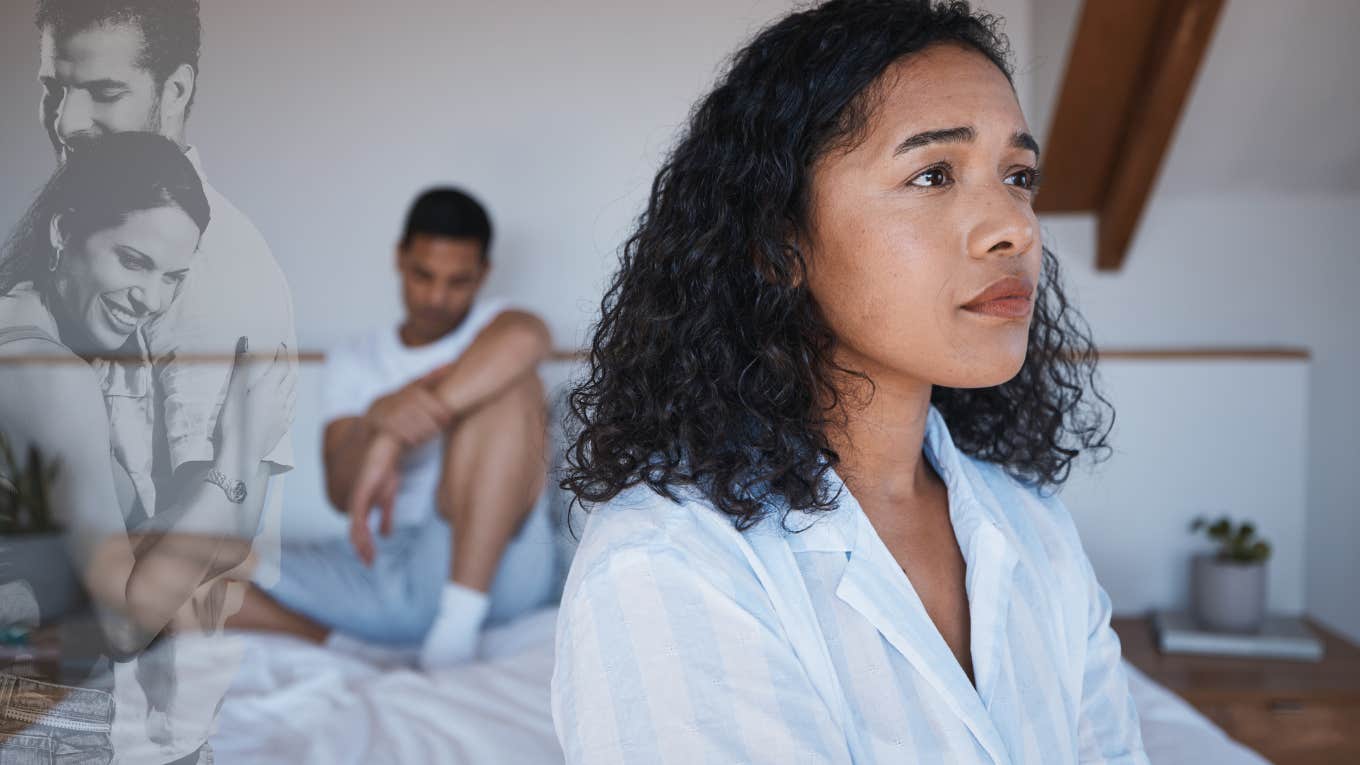 Woman with a strong intuition that her partner is cheating on her, sitting on the edge of the bed