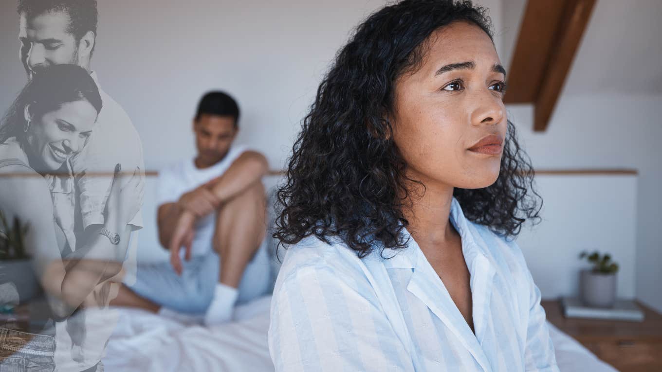 Think He's Cheating? How To Know For Sure Woman with a strong intuition that her partner is cheating on her, sitting on the edge of the bed