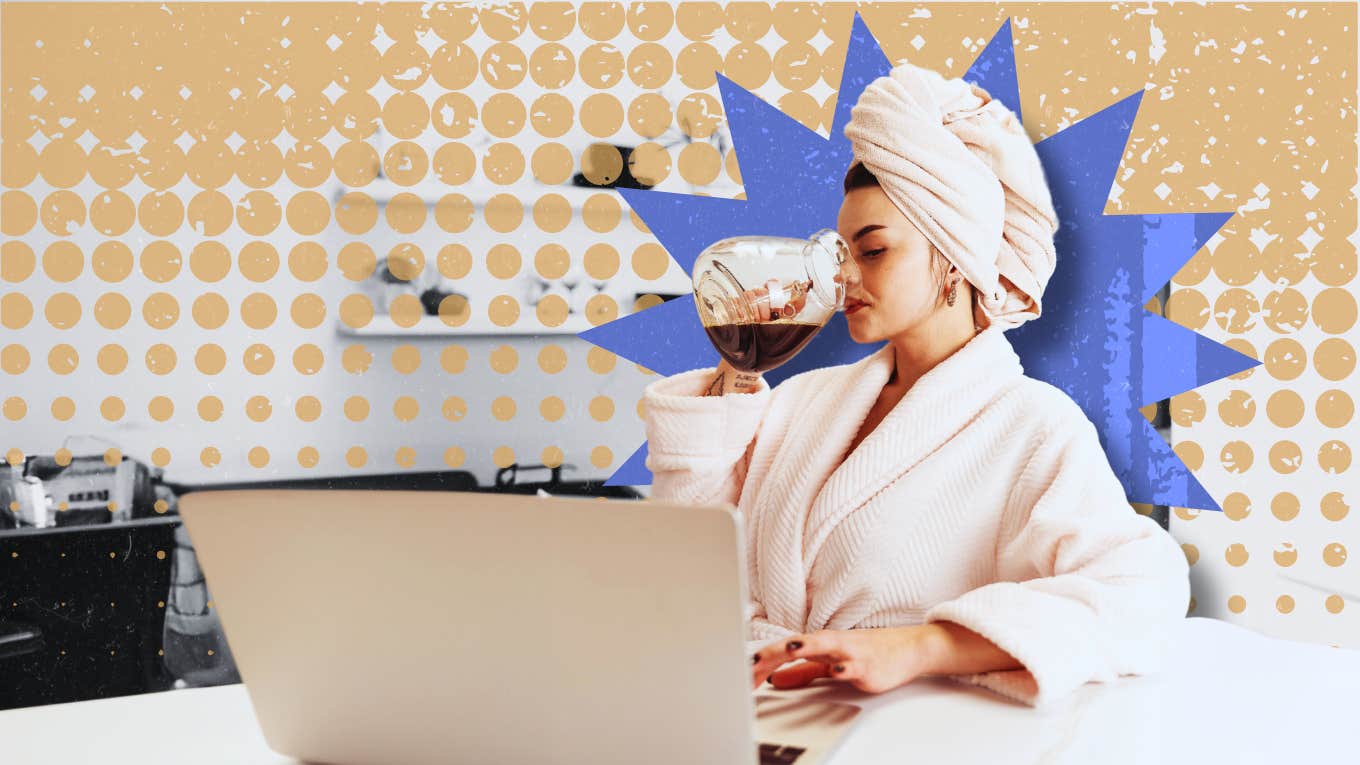 Woman drinking from a coffee carafe 