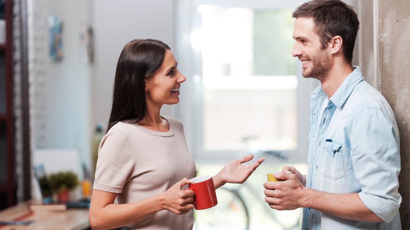 man and woman talking during coffee break