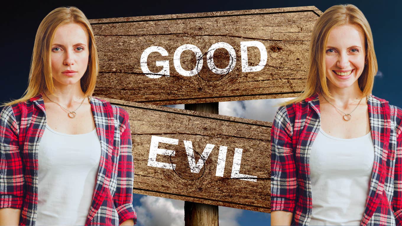 good vs evil sign with woman on each side
